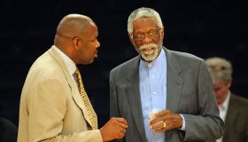 (061510 Los Angeles, CA) Boston Celtics Radio analyst Cedric Maxwell and Celtics legend Bill Russell before Game 6 of the NBA Finals at the Staples Center Tuesday, June 15, 2010. Staff Photo by Matt Stone