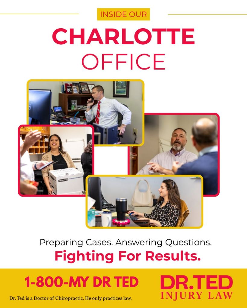 Inside our Charlotte office. Preparing cases, answering questions, fighting for results. 1-800-MY DR TED DR.TED INJURY LAW