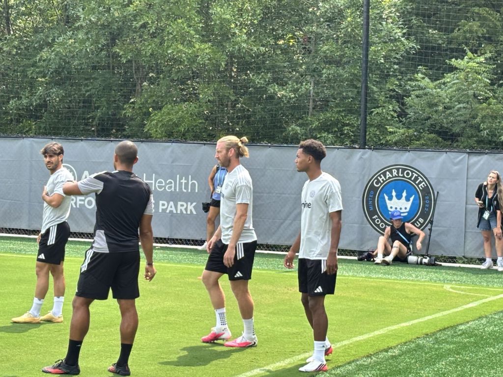 A group of men playing soccer on a field with a "Charlotte FC" logo visible in the background.